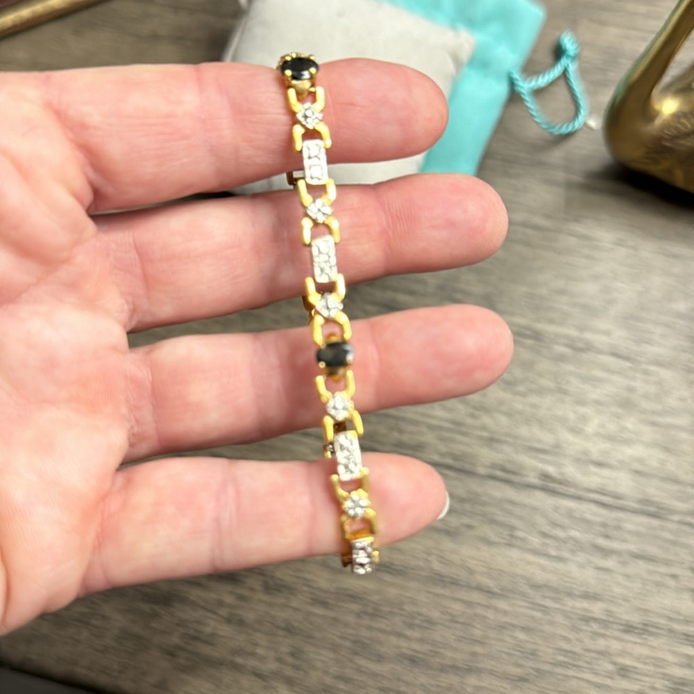 Gold Natural Diamond Sapphire Tennis Bracelet - Picture 5 of 11